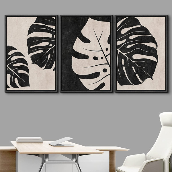 IDEA4WALL Framed Canvas Print Wall Art Set Tan Black Tropical Jungle